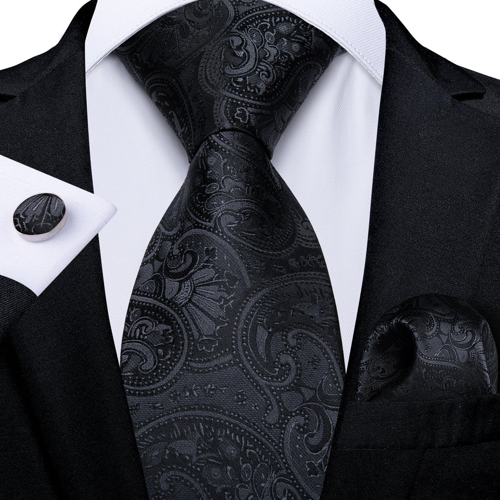 GentCrest Black Paisley Tie Hanky Cufflinks Set - Image 1