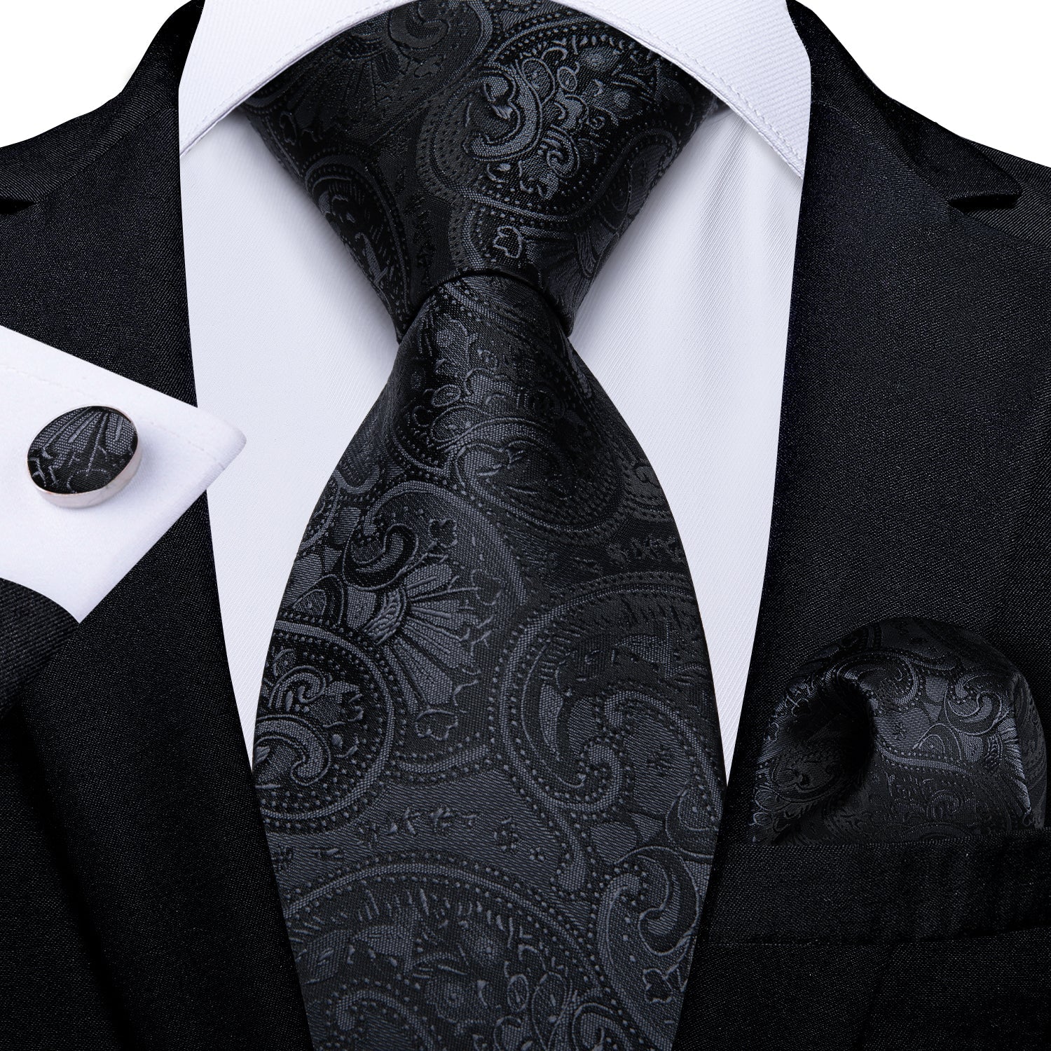 GentCrest Black Paisley Tie Hanky Cufflinks Set - Image 1