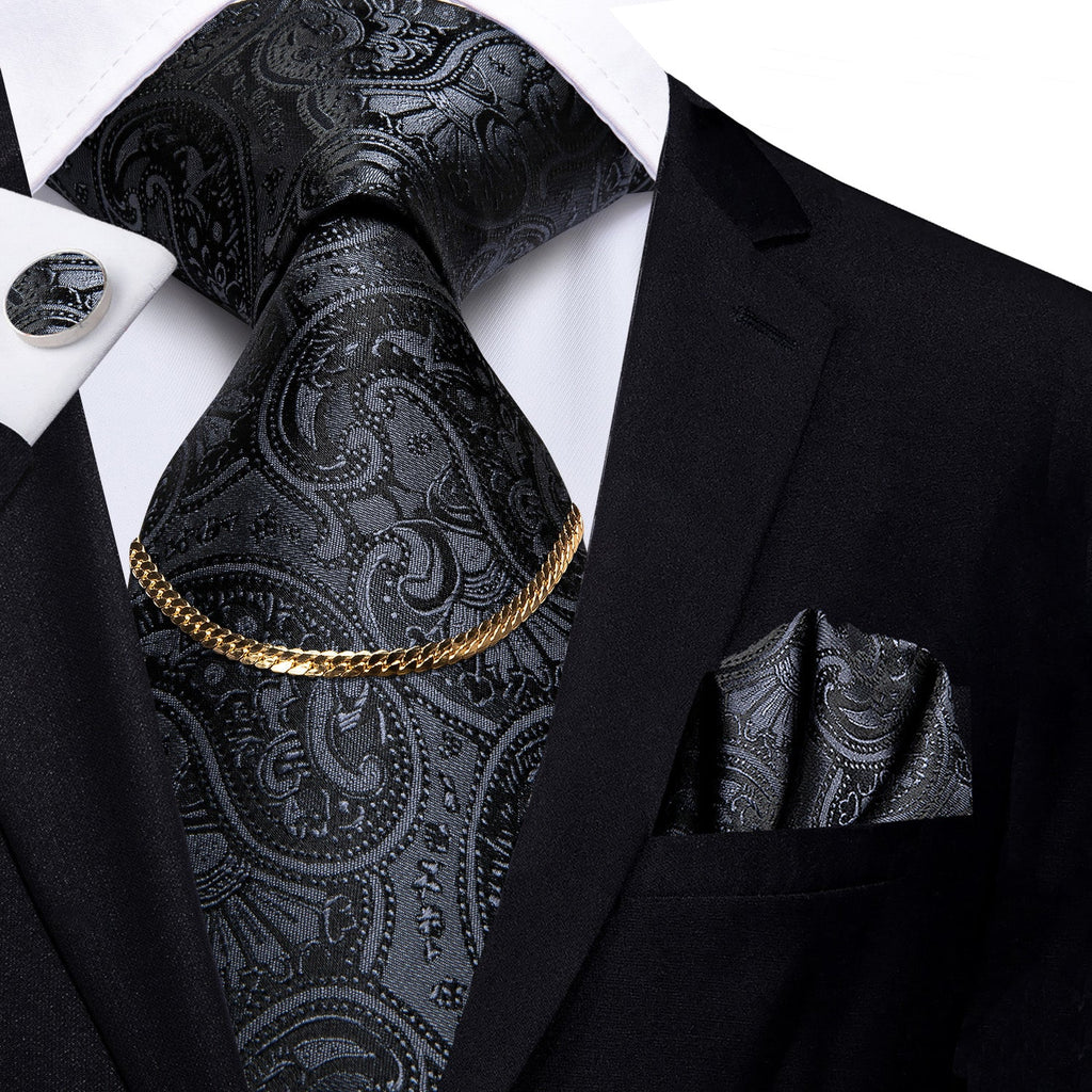 GentCrest Black Paisley Tie with Accessories - Image 1