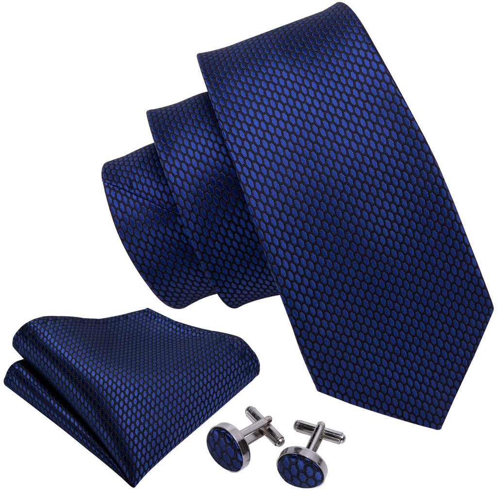 Navy Blue Geometric Silk Tie Set - GentCrest - View 3