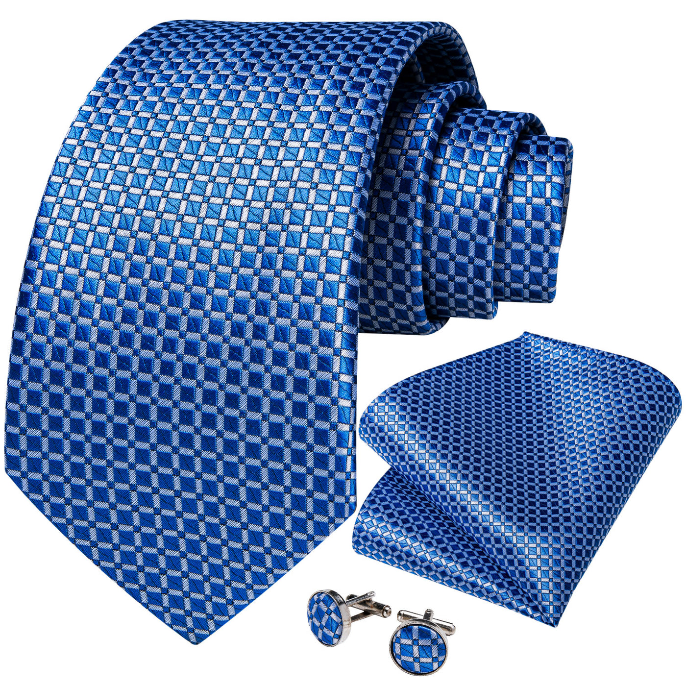 Modern Blue Plaid Silk with Pocket Square and Cufflinks Silk Tie Set - GentCrest - View 3