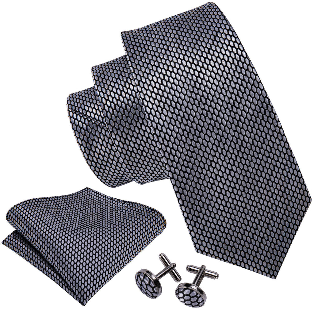 Sophisticated Gray Geometric Plaid with Pocket Square and Cufflinks Silk Tie Set - GentCrest - View 2