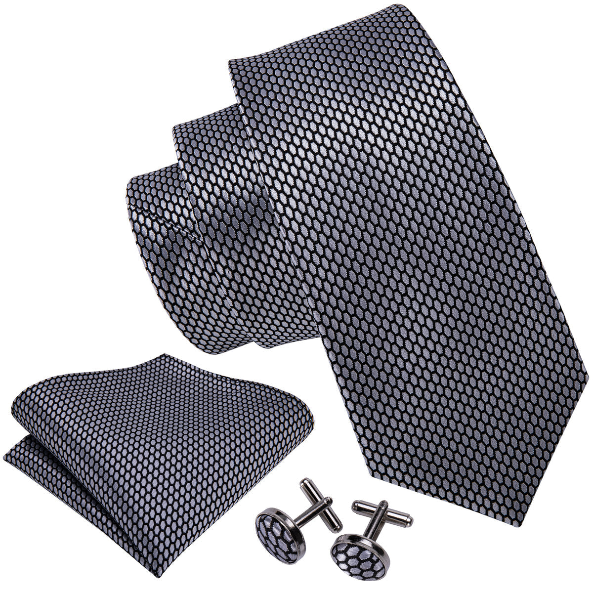 Sophisticated Gray Geometric Plaid with Pocket Square and Cufflinks Silk Tie Set - GentCrest - View 2
