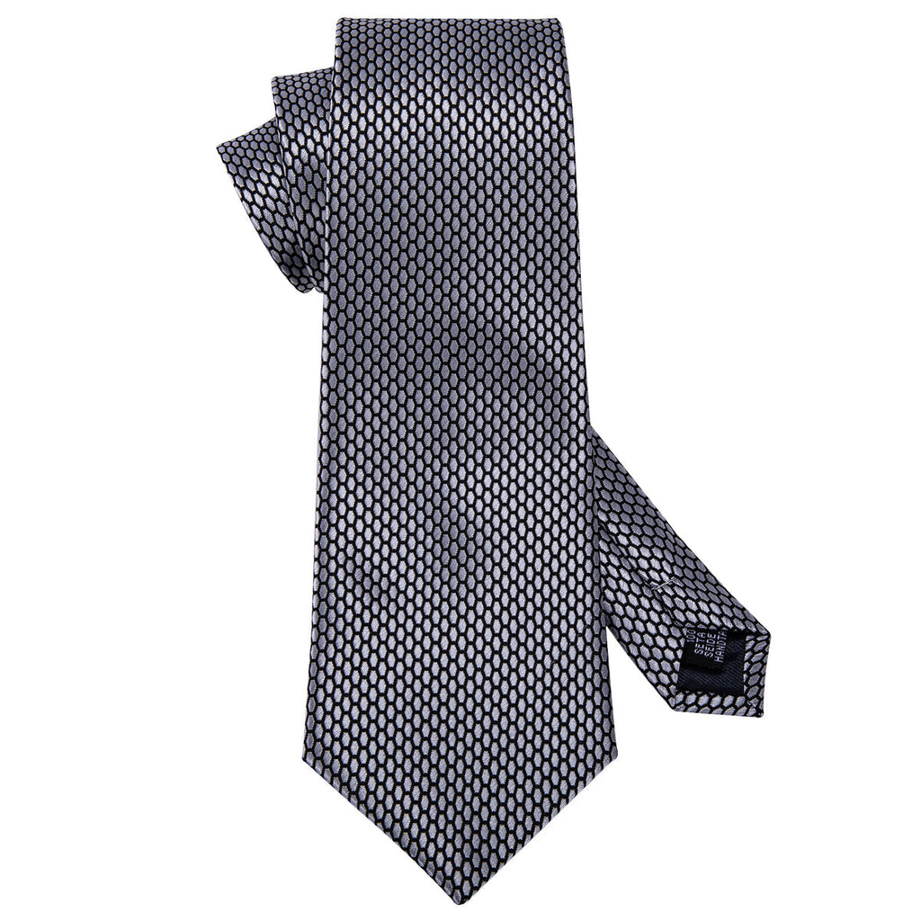Sophisticated Gray Geometric Plaid with Pocket Square and Cufflinks Silk Tie Set - GentCrest - View 4