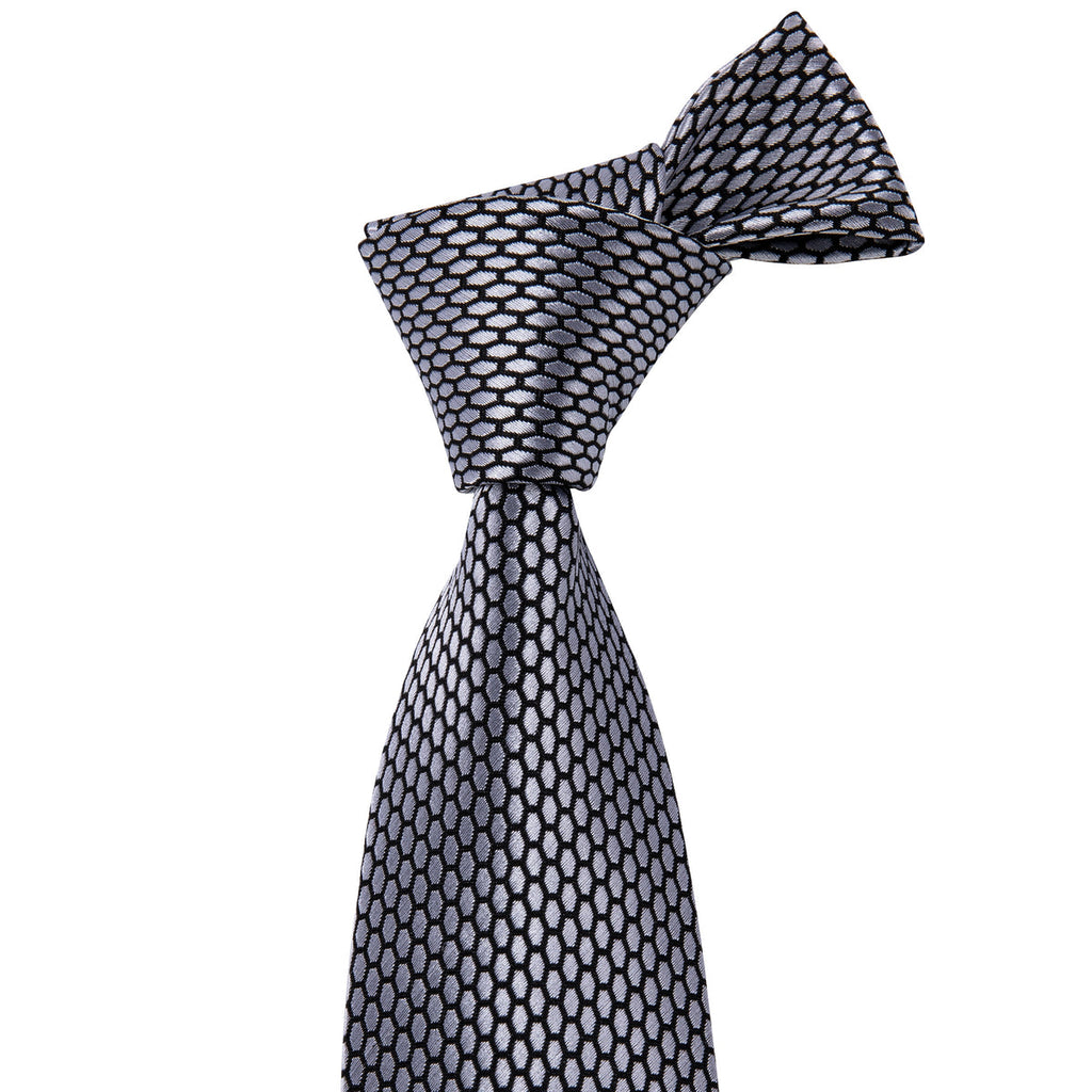Sophisticated Gray Geometric Plaid with Pocket Square and Cufflinks Silk Tie Set - GentCrest - View 3