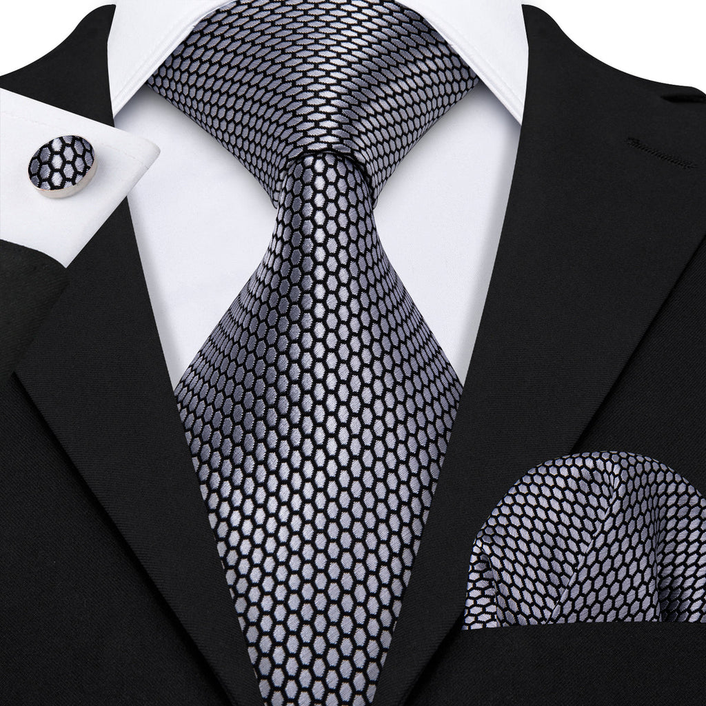 Sophisticated Gray Geometric Plaid with Pocket Square and Cufflinks Silk Tie Set - GentCrest