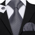 Sophisticated Gray Geometric Plaid with Pocket Square and Cufflinks Silk Tie Set - GentCrest