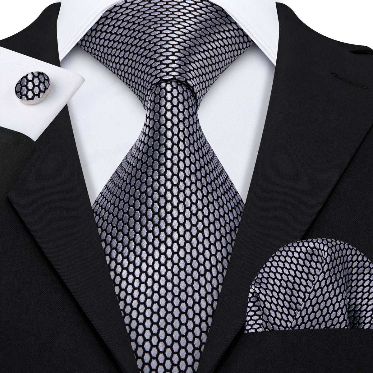 Sophisticated Gray Geometric Plaid with Pocket Square and Cufflinks Silk Tie Set - GentCrest