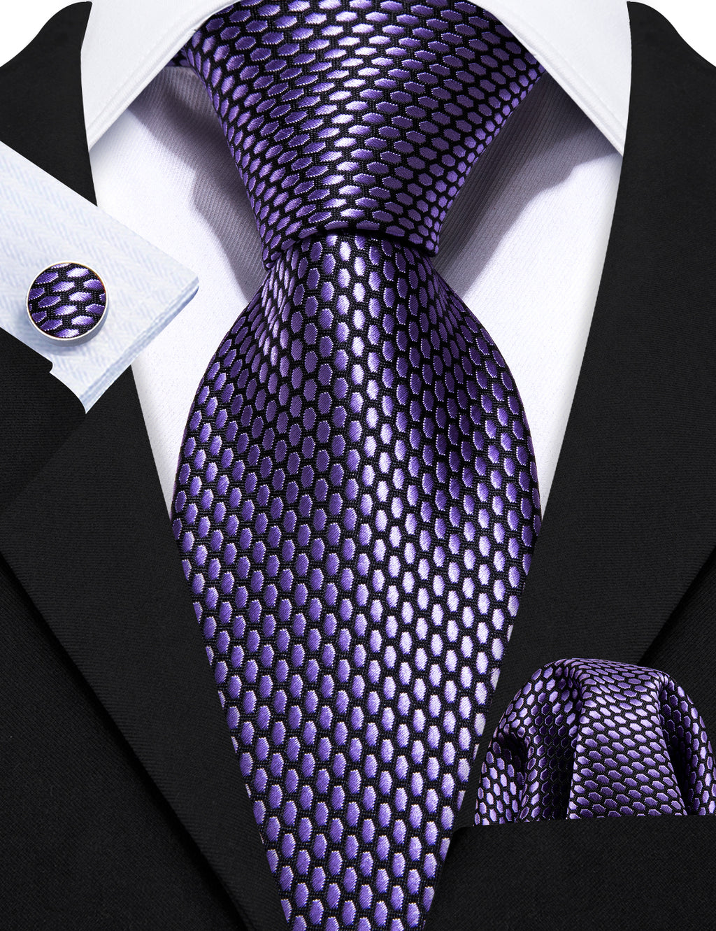 Purple Geometric Solid Silk Tie Set - GentCrest - View 3