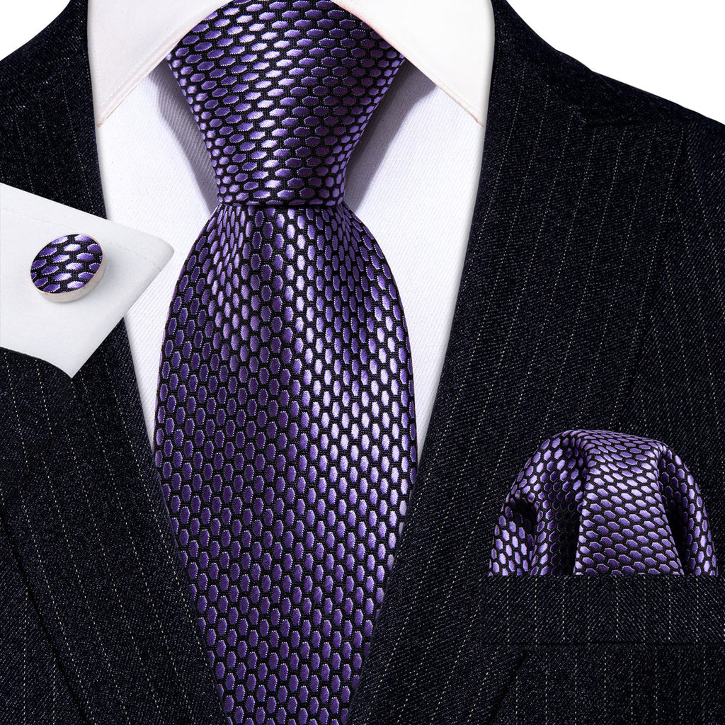 Purple Geometric Solid Silk Tie Set - GentCrest