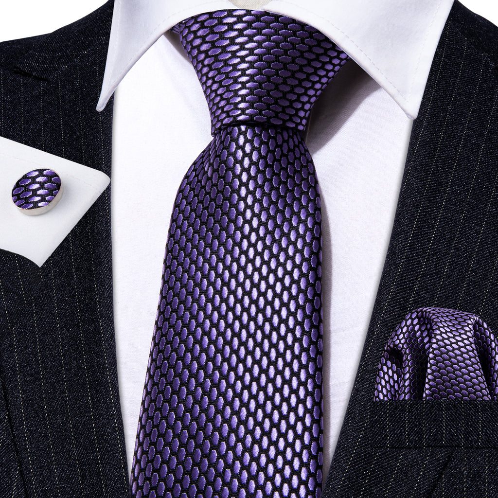 Purple Geometric Solid Silk Tie Set - GentCrest - View 2