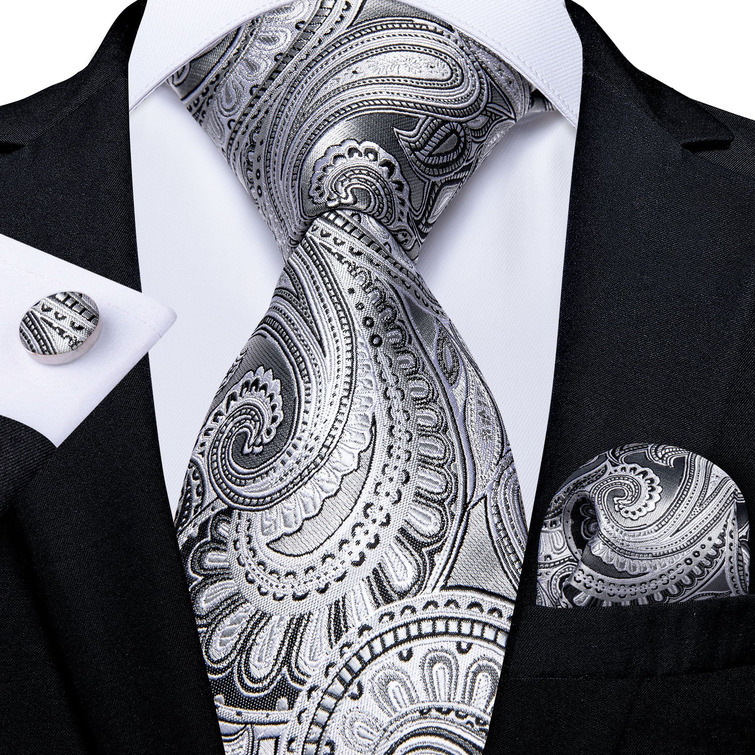 GentCrest White Paisley Tie Hanky Cufflinks Set - Image 1