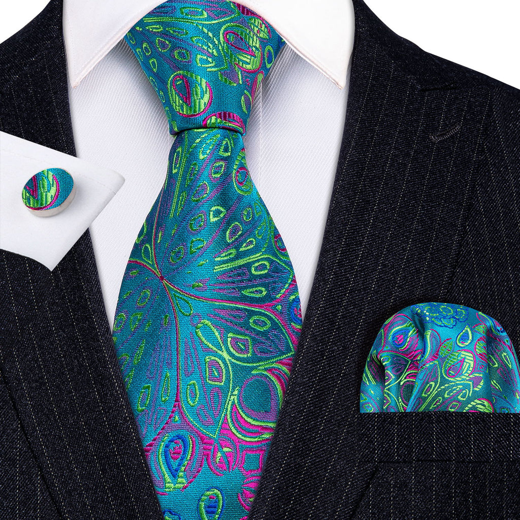 Blue Green Floral Silk Tie Set - GentCrest - View 2