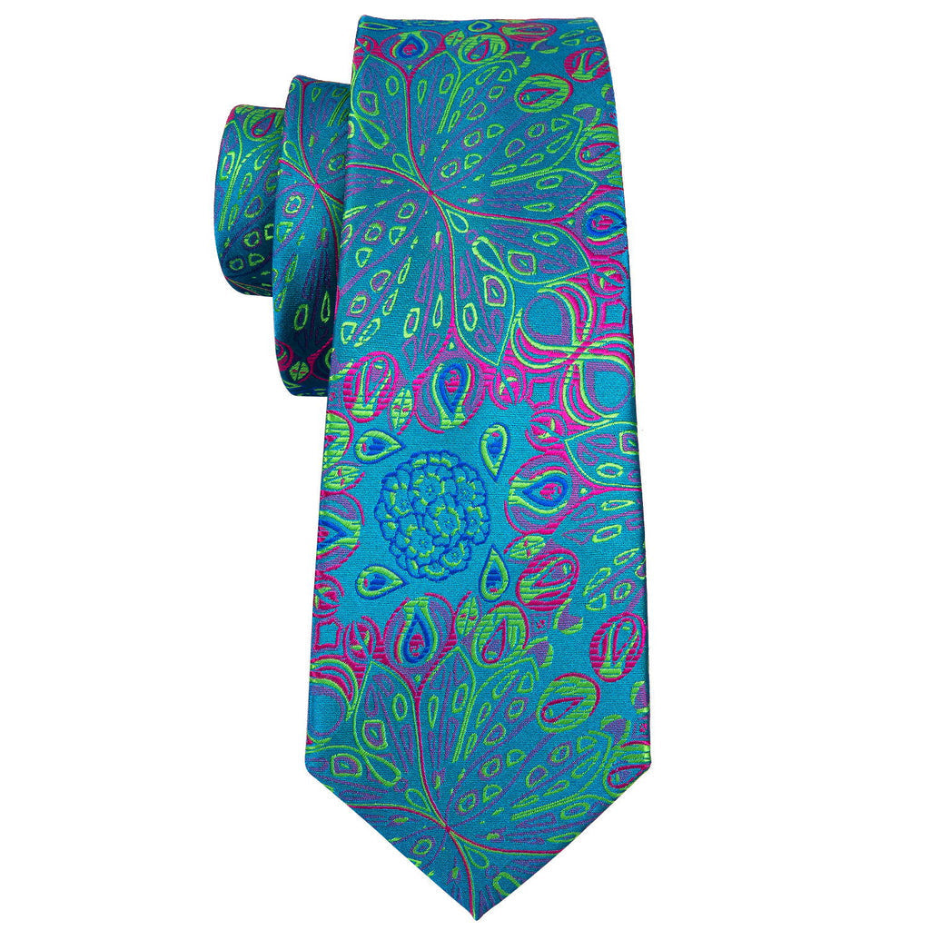 Blue Green Floral Silk Tie Set - GentCrest - View 4