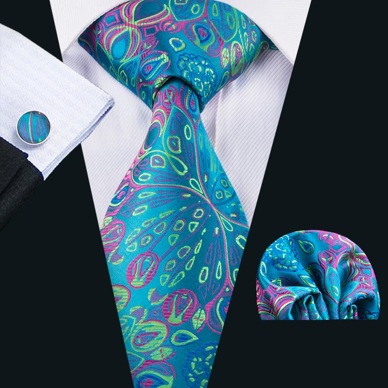 Blue Green Floral Silk Tie Set - GentCrest