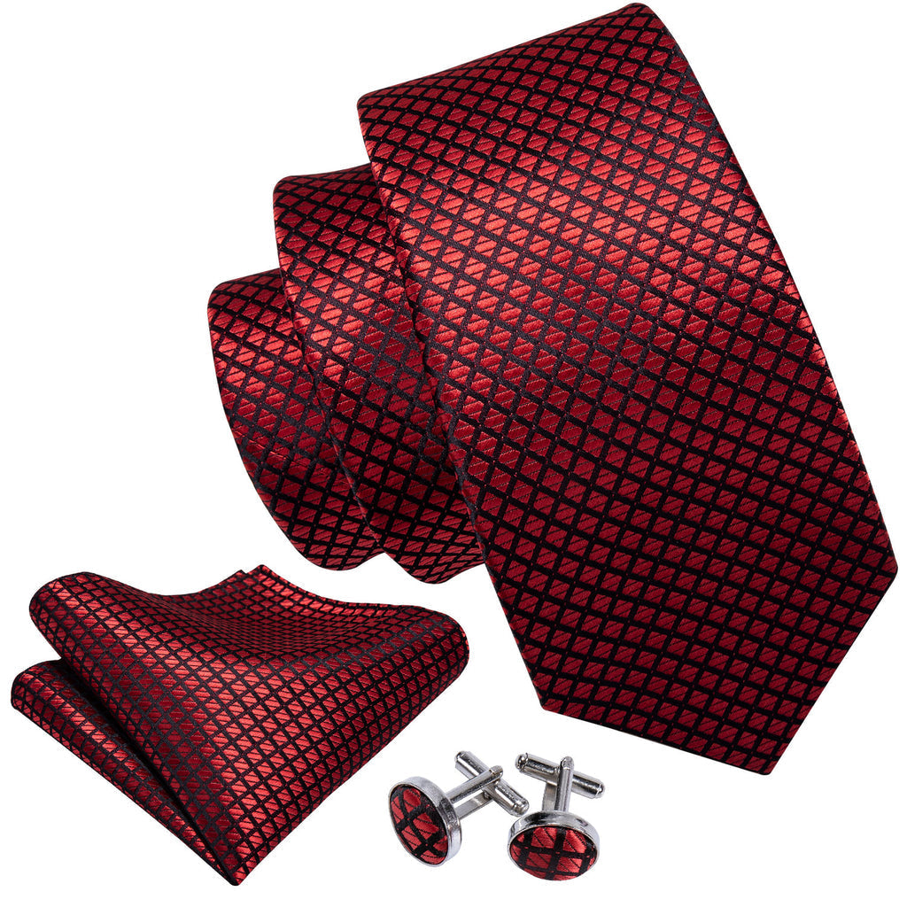 Red Black Plaid Silk Tie Set - GentCrest - View 4