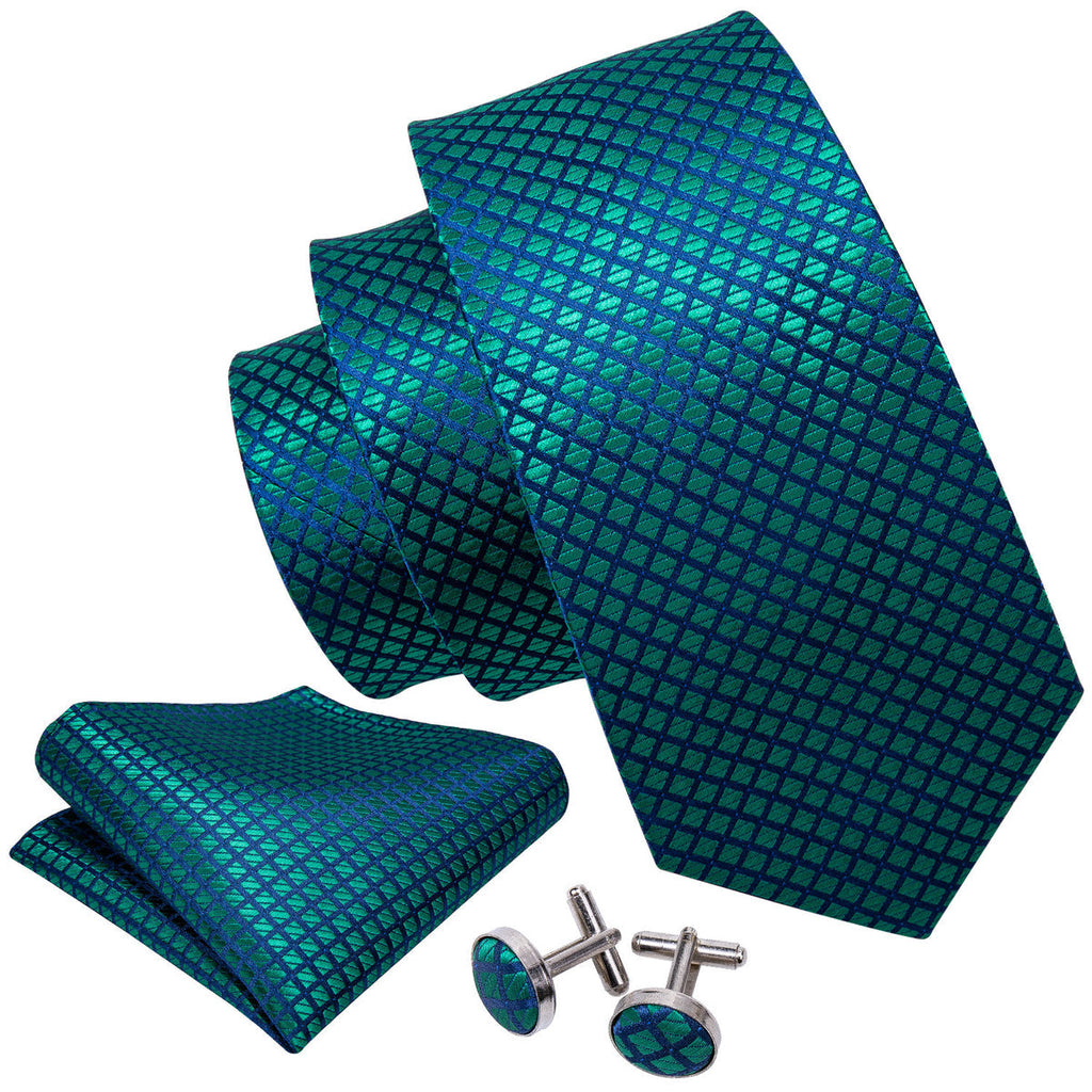 Checkered Teal Blue Plaid Silk Tie Set - GentCrest - View 3