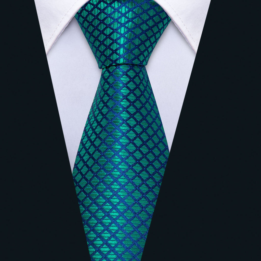 Checkered Teal Blue Plaid Silk Tie Set - GentCrest - View 2