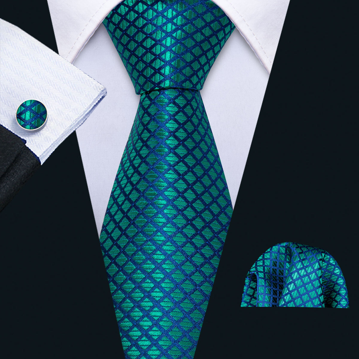 Checkered Teal Blue Plaid Silk Tie Set - GentCrest
