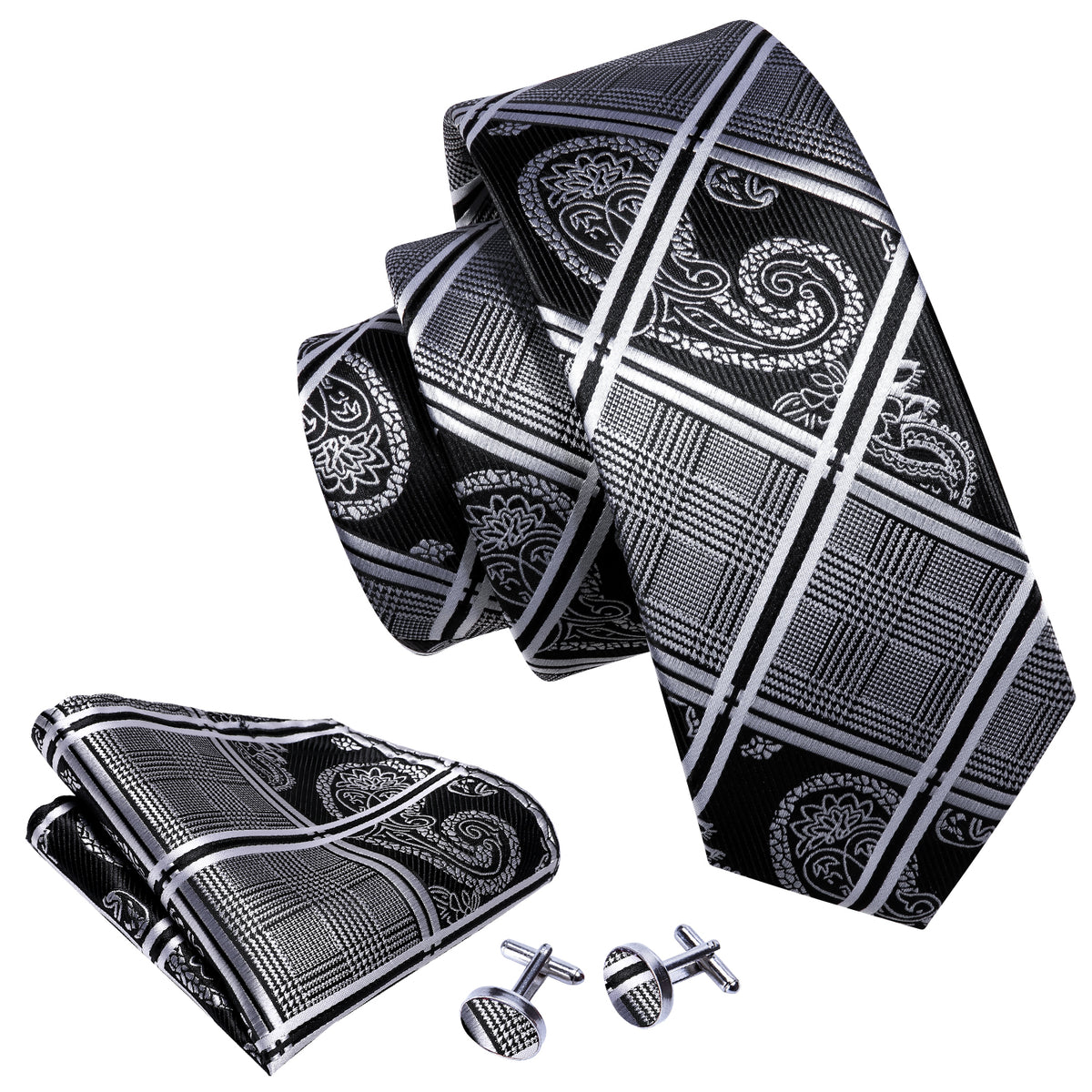 Black and Gray Plaid Silk Tie Set - GentCrest - View 2