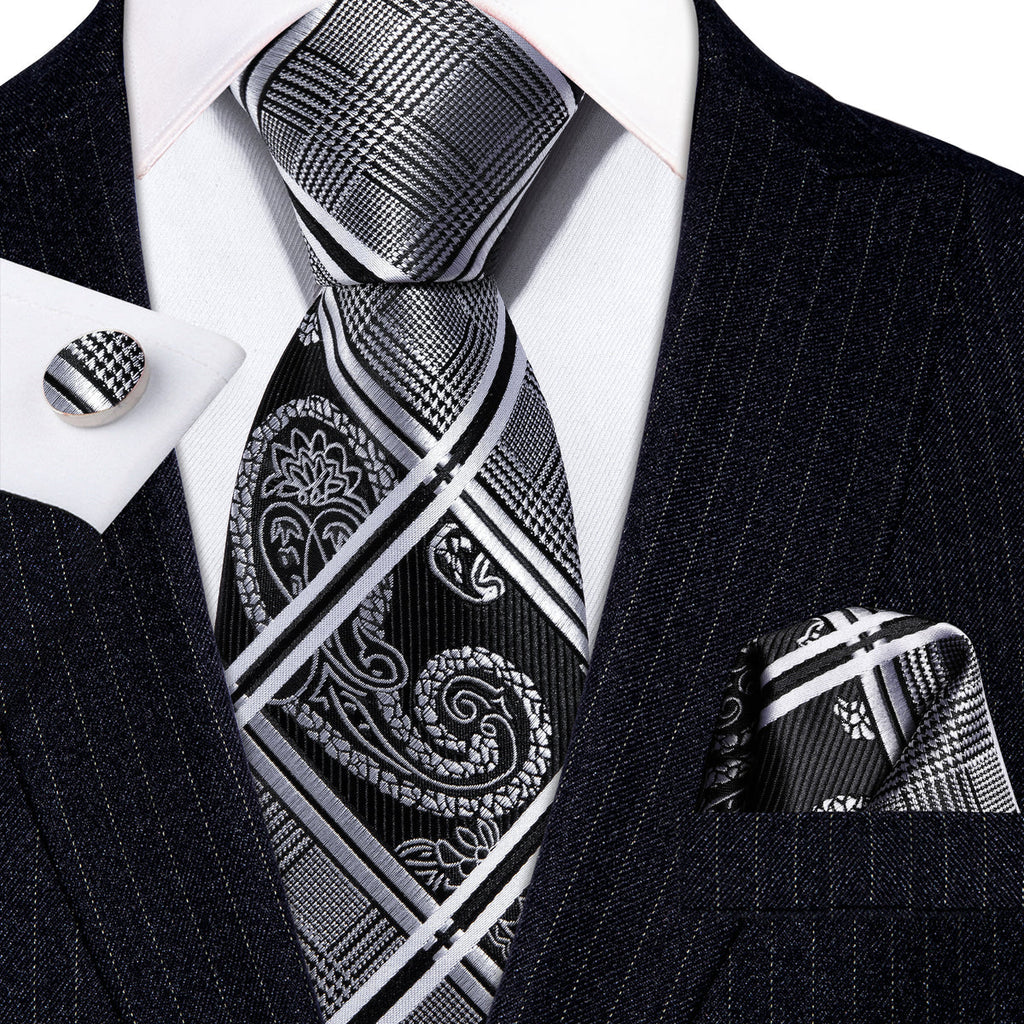 Black and Gray Plaid Silk Tie Set - GentCrest