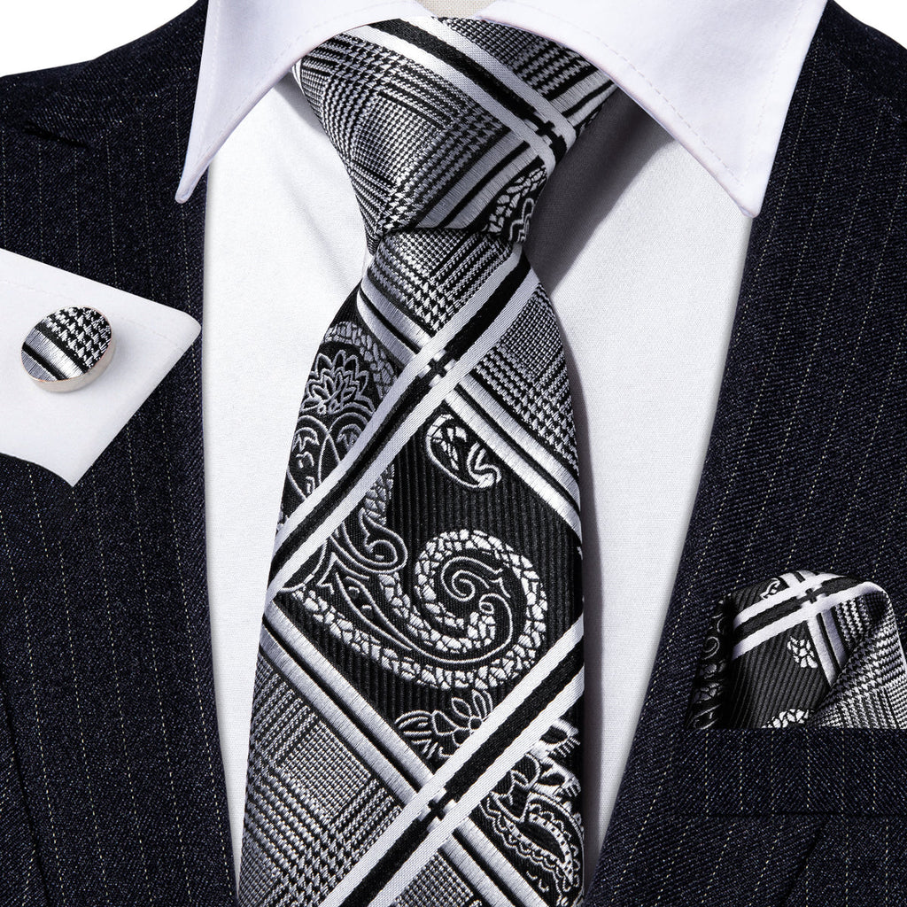 Black and Gray Plaid Silk Tie Set - GentCrest - View 3