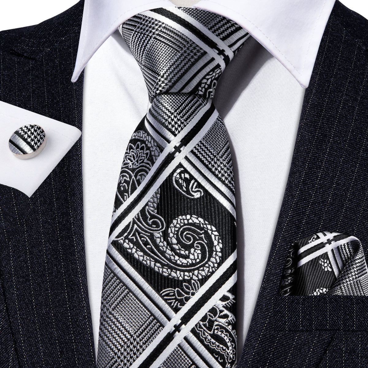 Black and Gray Plaid Silk Tie Set - GentCrest - View 3