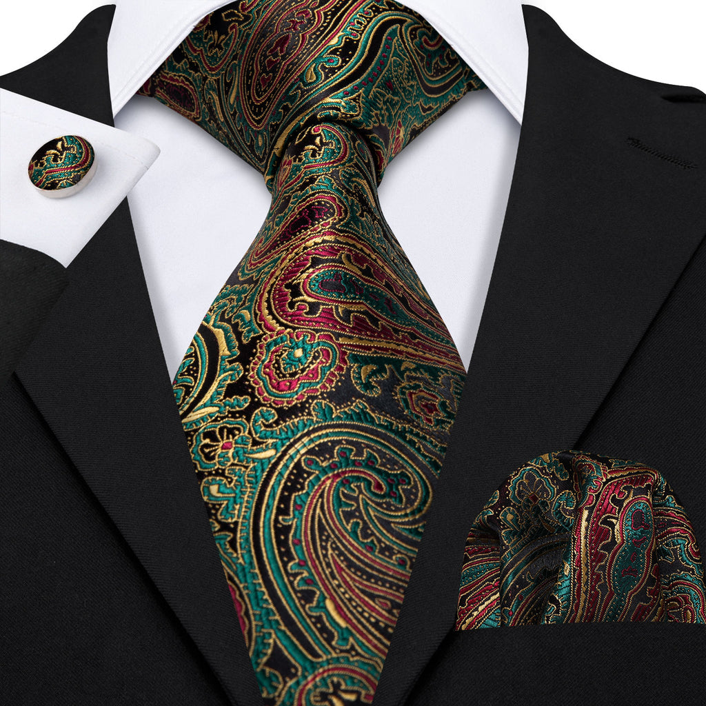 Olive Green & Bronze Paisley Silk Tie Set - GentCrest
