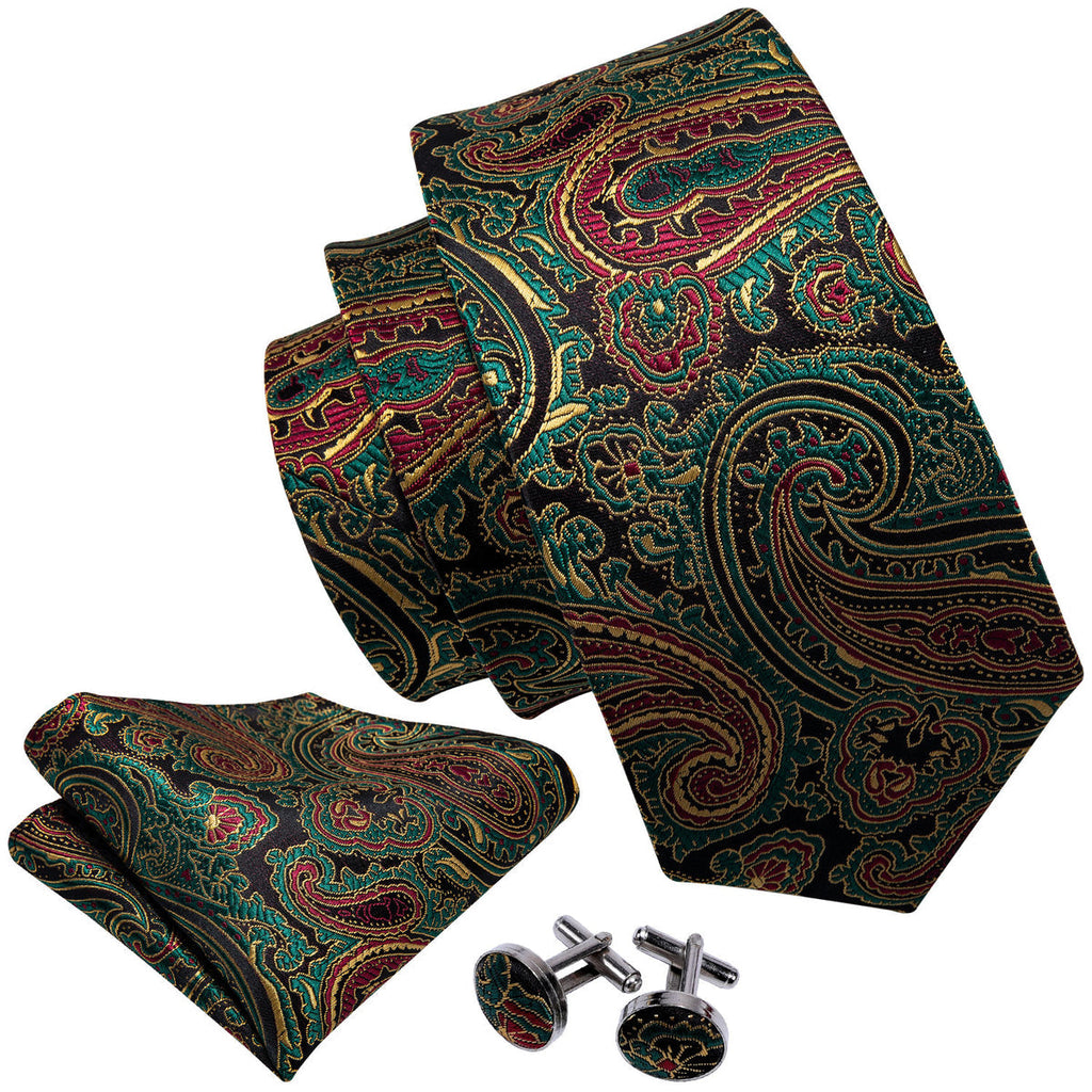 Olive Green & Bronze Paisley Silk Tie Set - GentCrest - View 2