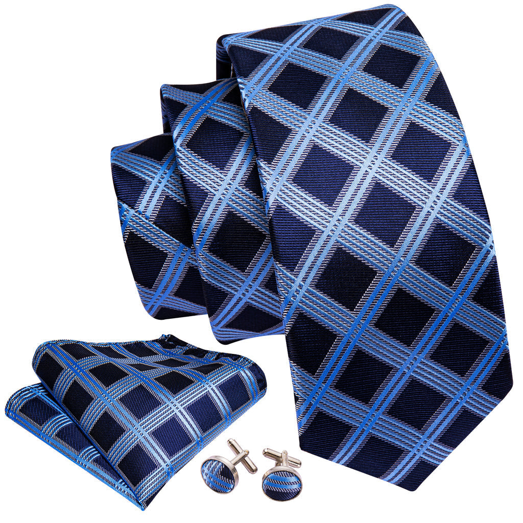 Dark Blue Sky Blue Checkered Silk Tie Set - GentCrest - View 3