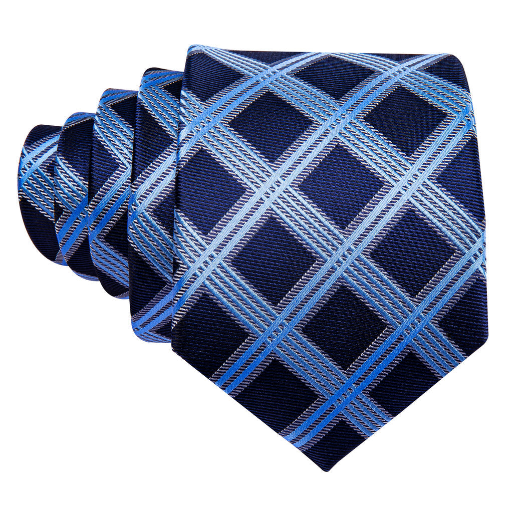 Dark Blue Sky Blue Checkered Silk Tie Set - GentCrest - View 4