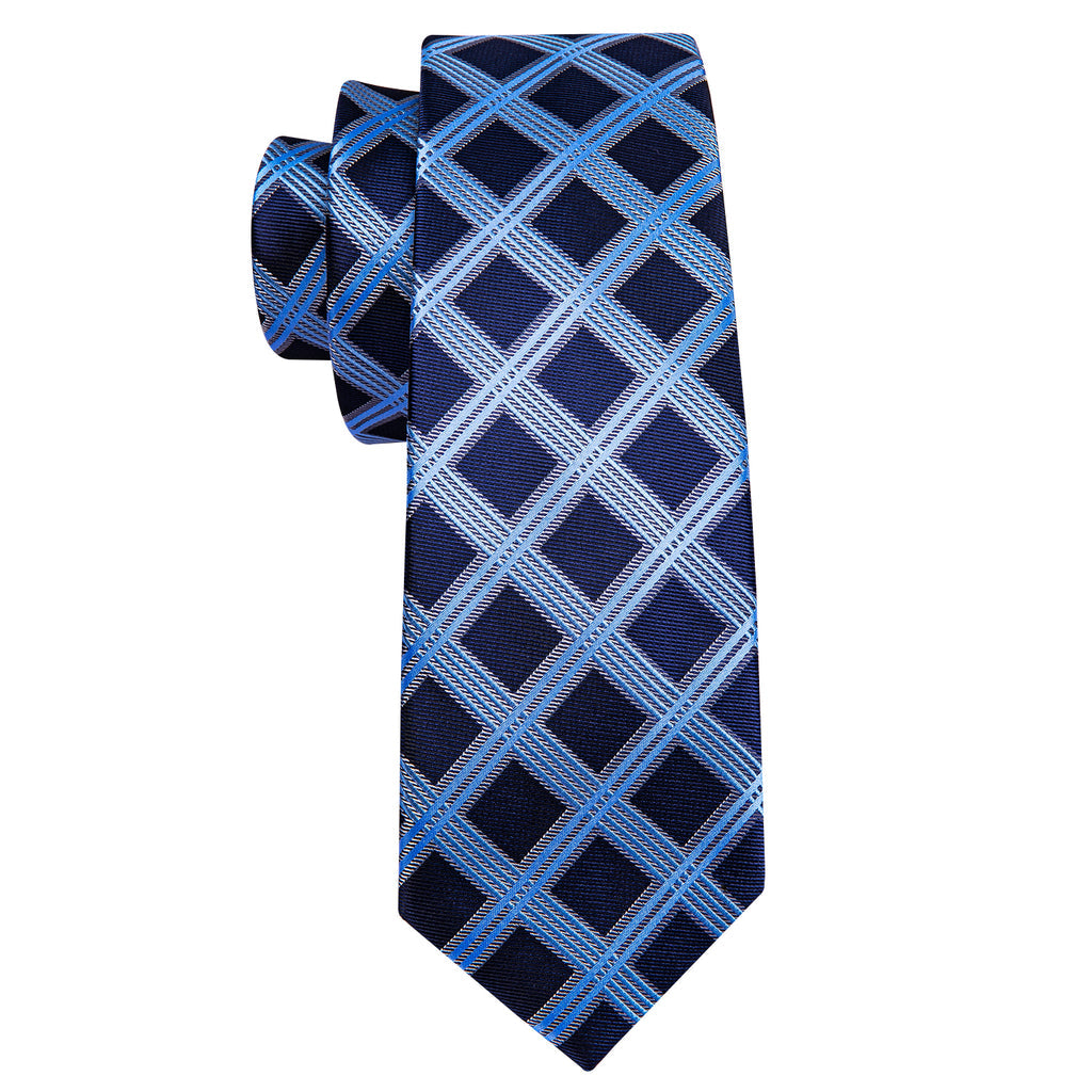 Dark Blue Sky Blue Checkered Silk Tie Set - GentCrest - View 5