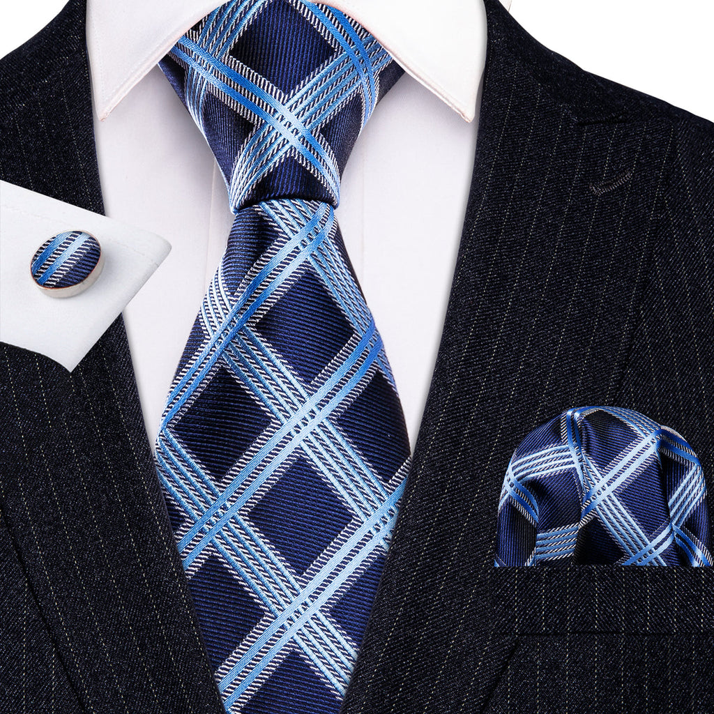 Dark Blue Sky Blue Checkered Silk Tie Set - GentCrest
