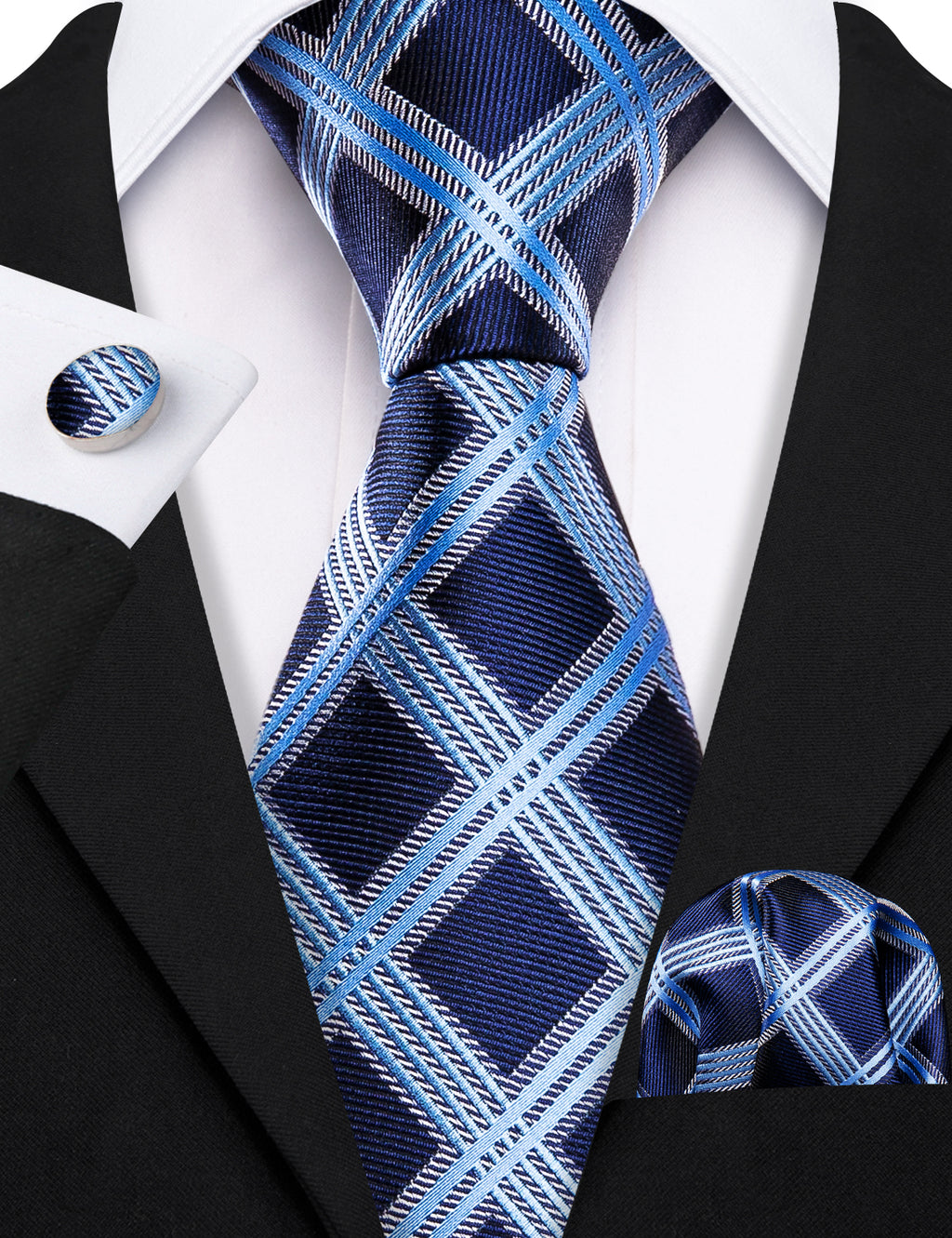 Dark Blue Sky Blue Checkered Silk Tie Set - GentCrest - View 2