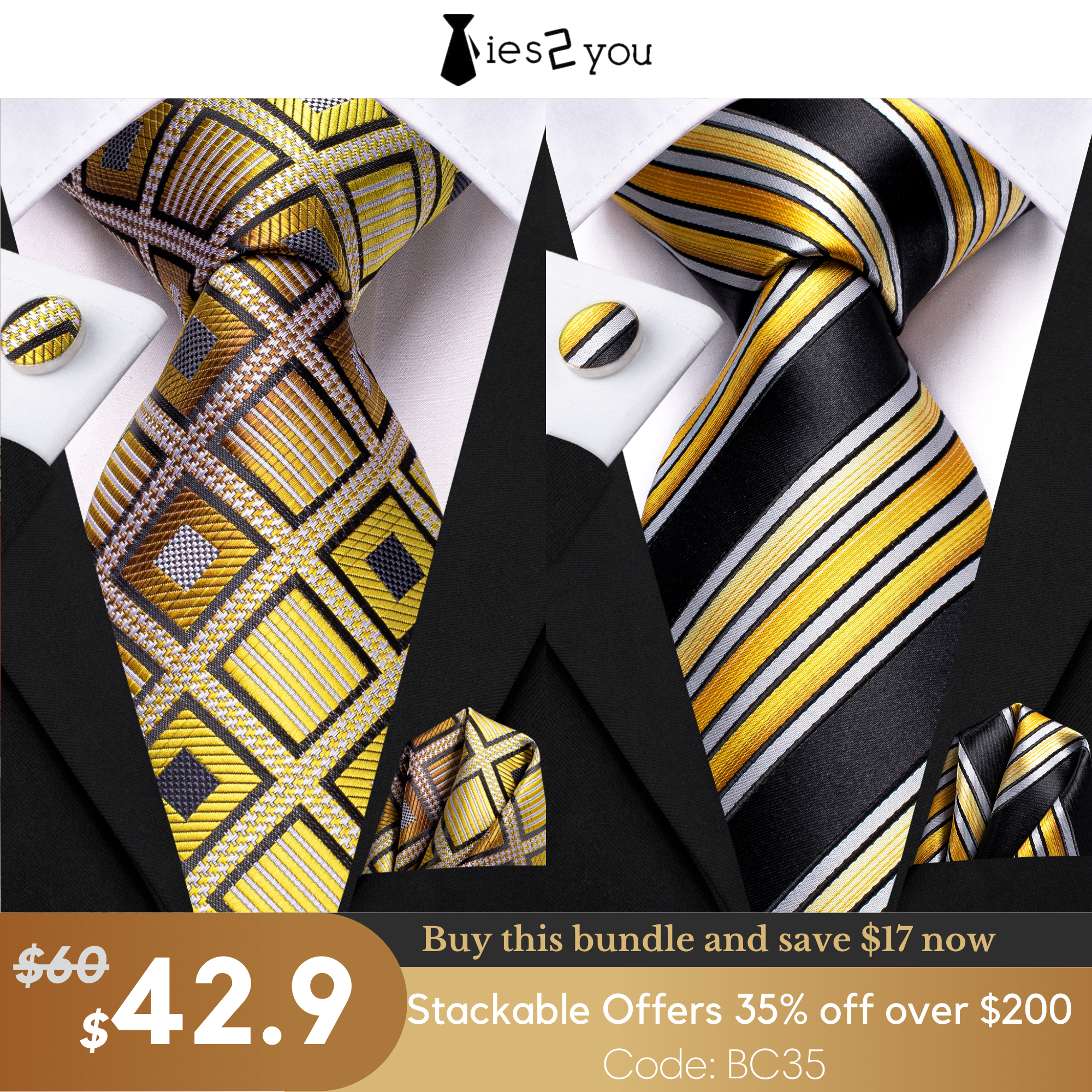 GentCrest Black Classic Tie Hanky Cufflinks Set - Image 1