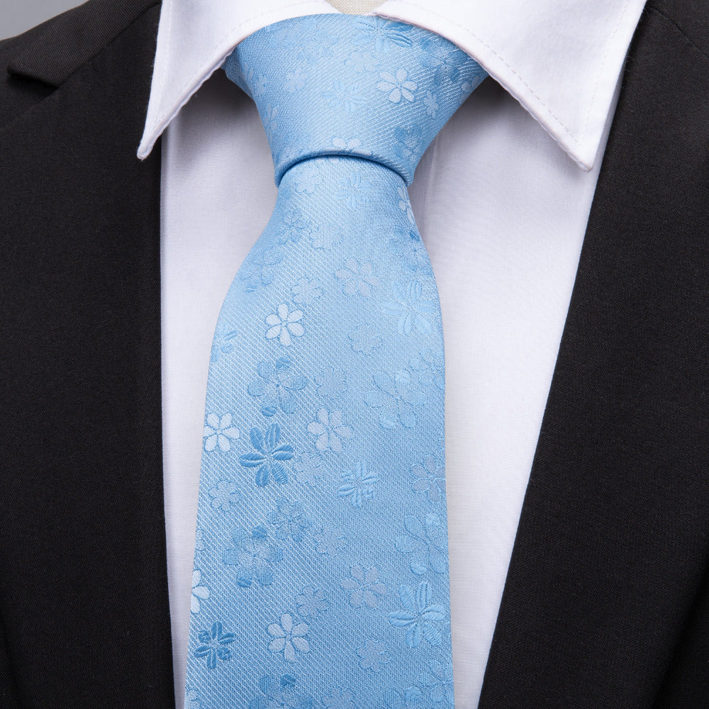 Baby Blue Floral Silk Tie Set - GentCrest
