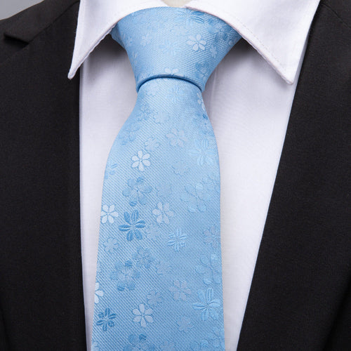 Baby Blue Floral Silk Tie Set - GentCrest