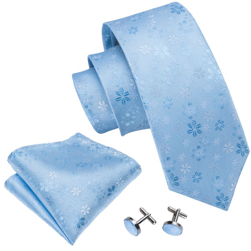 Baby Blue Floral Silk Tie Set - GentCrest - View 2