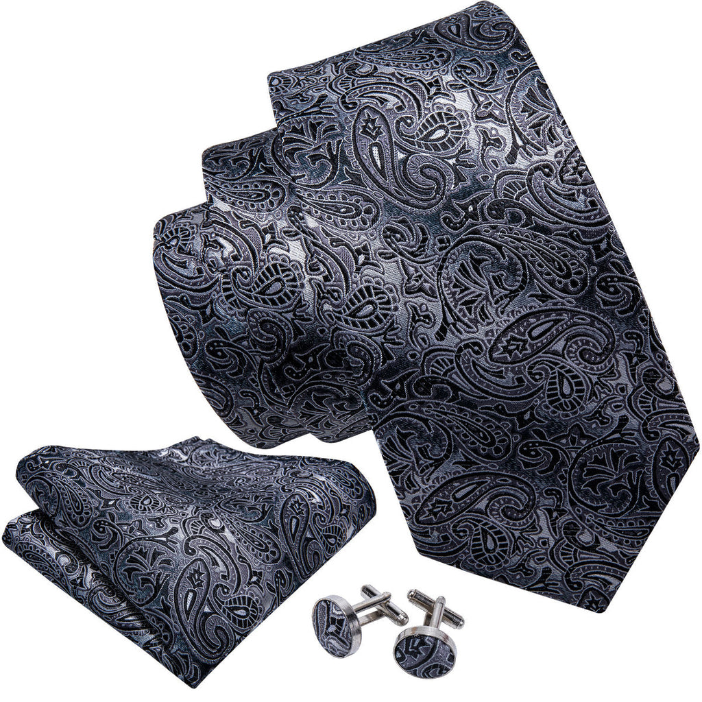Black Gray Paisley Silk Tie Set - GentCrest - View 3