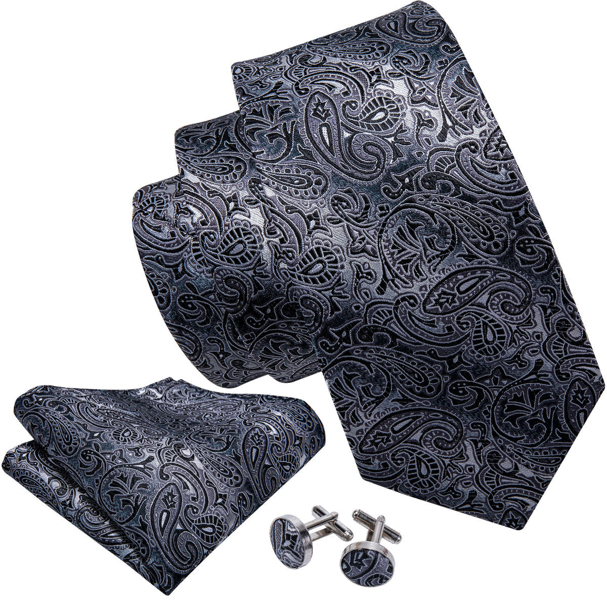 Black Gray Paisley Silk Tie Set - GentCrest - View 3