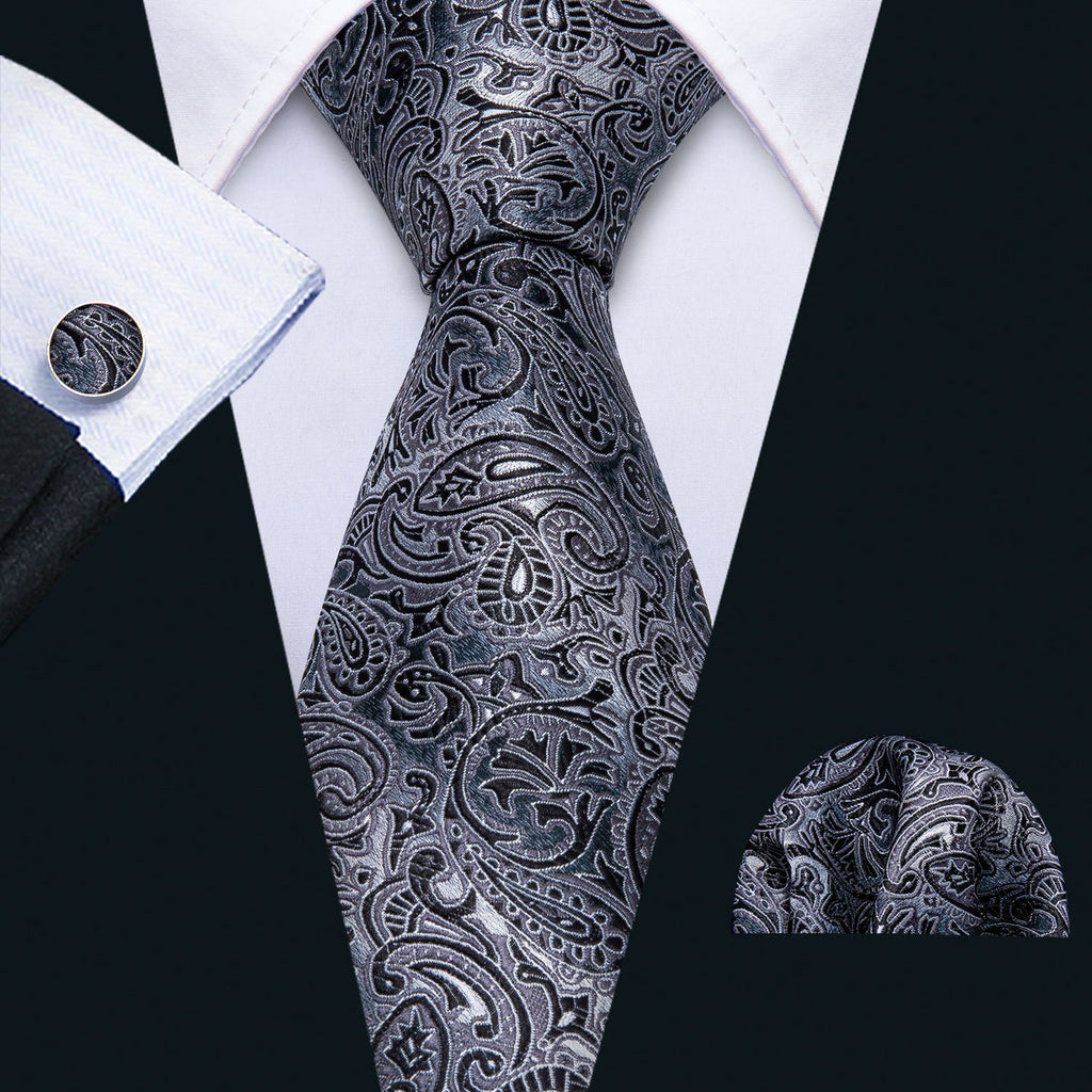 Black Gray Paisley Silk Tie Set - GentCrest