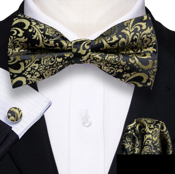 Fashion Silk Bow Tie Set with Pocket Square & Cufflinks - GentCrest