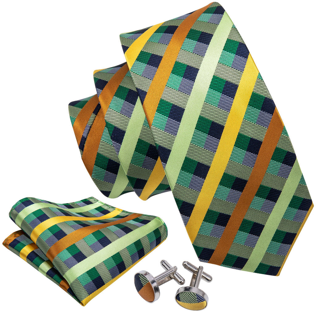 Mint Green Yellow Orange Plaid Silk Tie Set - GentCrest - View 4