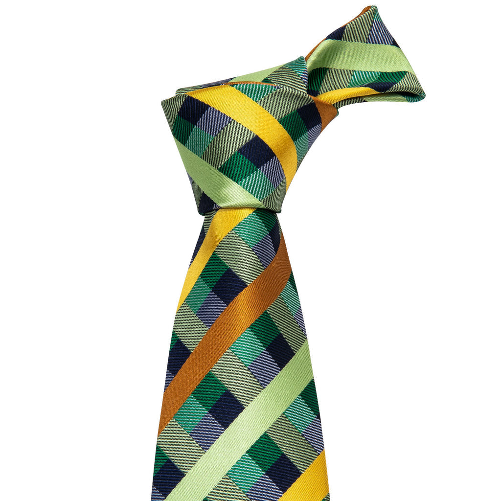 Mint Green Yellow Orange Plaid Silk Tie Set - GentCrest - View 3