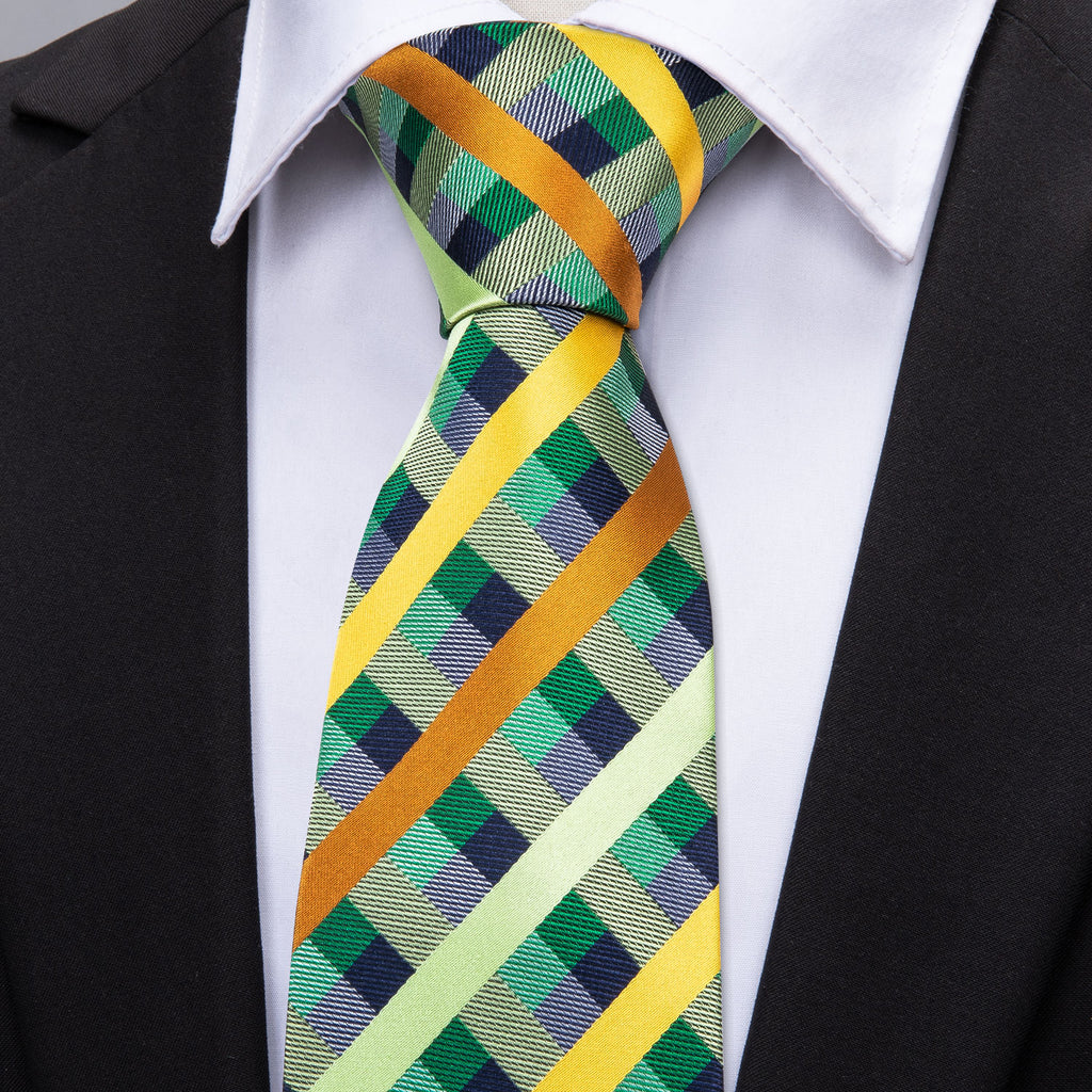 Mint Green Yellow Orange Plaid Silk Tie Set - GentCrest - View 2