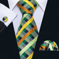 Mint Green Yellow Orange Plaid Silk Tie Set - GentCrest
