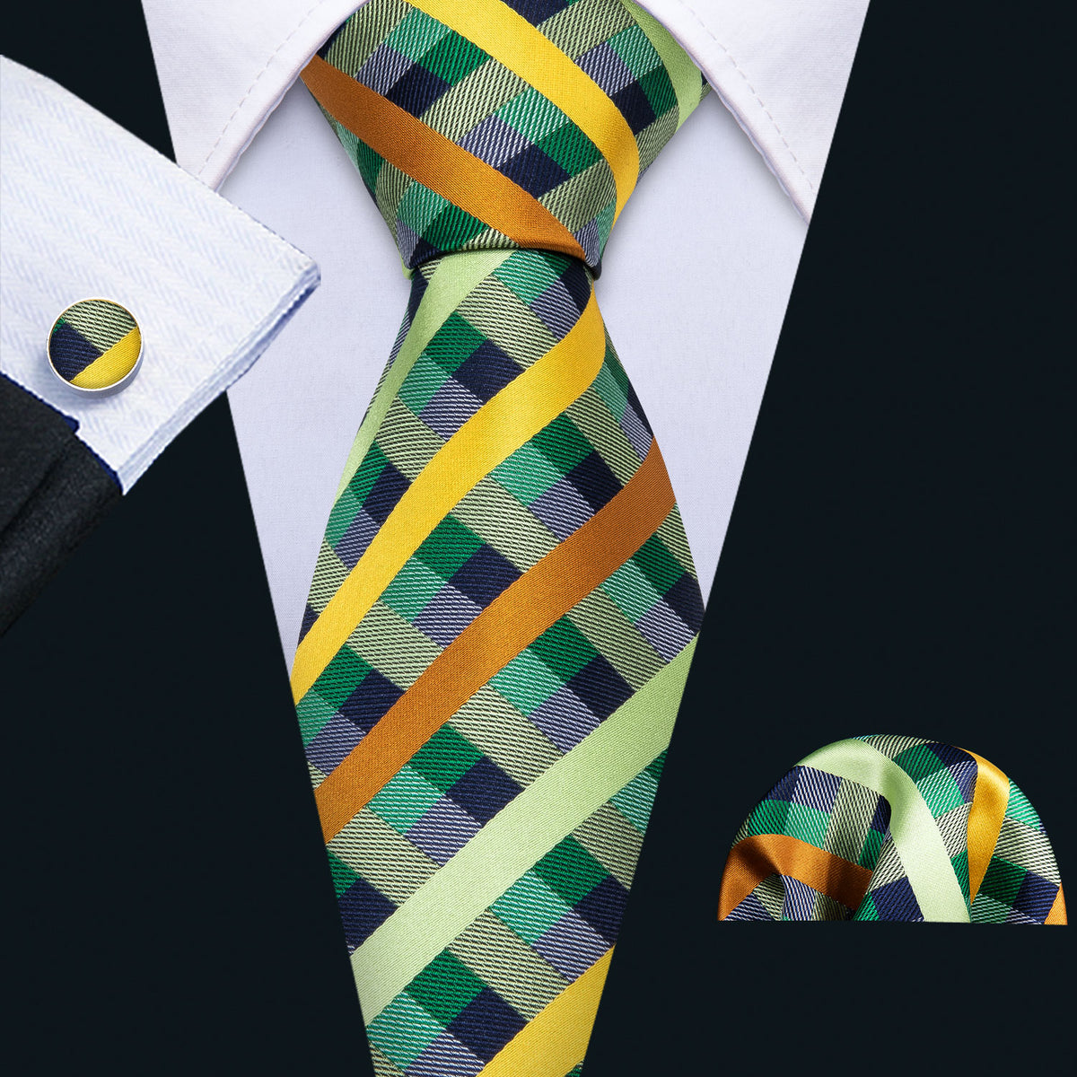 Mint Green Yellow Orange Plaid Silk Tie Set - GentCrest