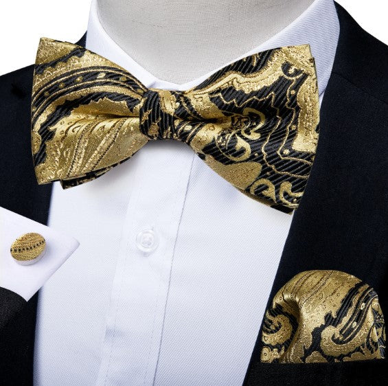 Fashion Silk Bow Tie Set with Pocket Square & Cufflinks - GentCrest