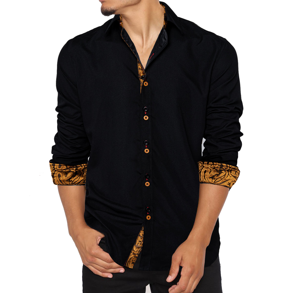 Black With Gold Paisley Accent Dress Shirt - GentCrest - View 6