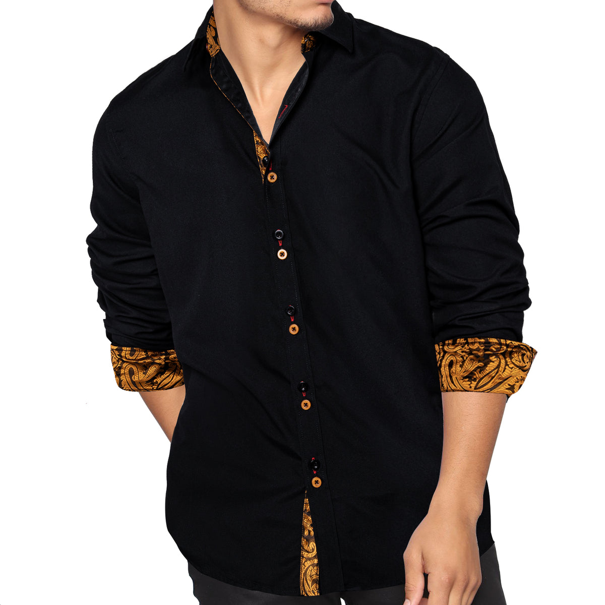 Black With Gold Paisley Accent Dress Shirt - GentCrest - View 5
